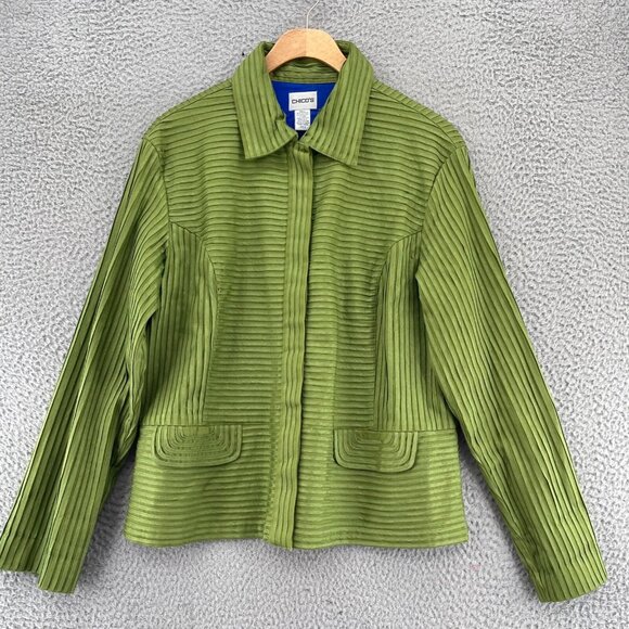 Chicos Blazer Womens 2 US 12 Green Ribbon Stripe Texture Button Stretch Office - Picture 1 of 9